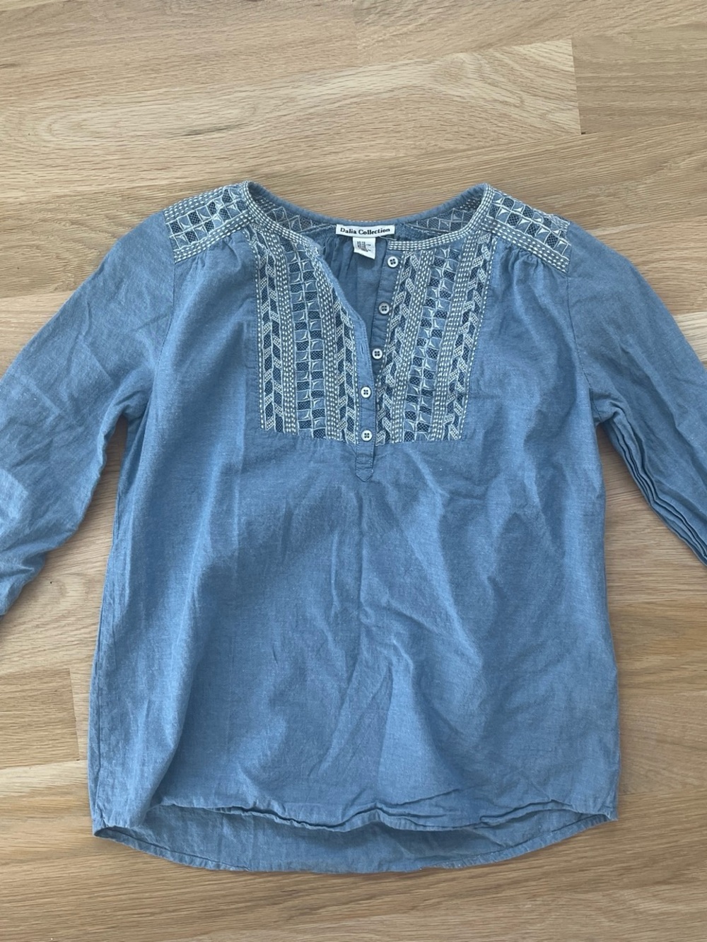 Denim-Blue Embroidered Button Blouse